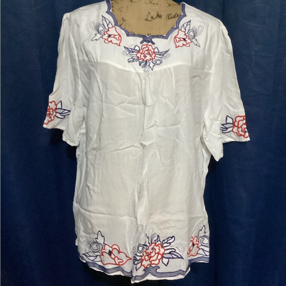 Women’s Venice Blue Blouse Embroidered Sz Xl White Cotton    #15